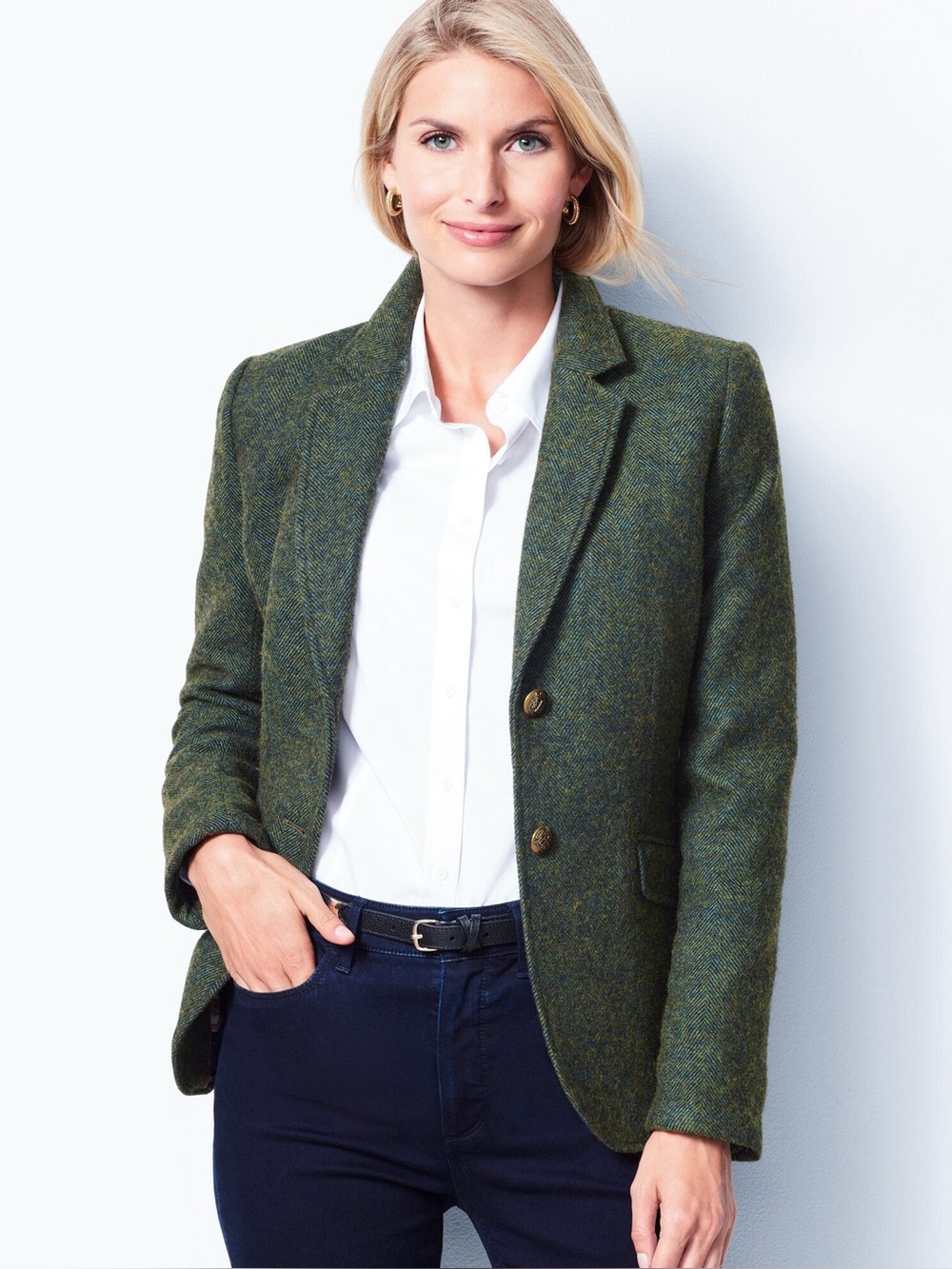Talbots Shetland Aberdeen Green Wool Blend Classic Herringbone Blazer Size 10